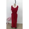 Kadın Omuzlardan Bağlamalı V Yakalı Beli Kuşaklı Aerobin Tulum