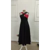Kadın önden çapraz şerit Geçme Detaylı Blok Desenli Kiloş Midi Dalgıç Elbise
