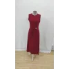 Kadın Sıfır Kollu Bisiklet Yaka Belden Büzgülü Yırtmaç Detaylı Janjan Krep Elbise