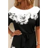 Kadın Tek Omuzu Açık çiçek Desenli Beli Kuşaklı Iki Iplik Mini Short Tulum