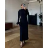 Kadın Uzun Kollu Balıkçı Yaka Kol Ağzı Tüy Detaylı Uzun Krep Elbise