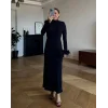 Kadın Uzun Kollu Balıkçı Yaka Kol Ağzı Tüy Detaylı Uzun Krep Elbise