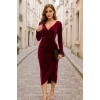 Kadın Uzun Kollu Kruvaze Yaka Belden Büzgü Detay Midi Kadife Elbise