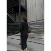 Kadın Uzun Kollu Kruvaze Yaka Büzgü Ve Balon Kol Detay Krep Kumaş Maxi Boy Simli Elbise