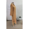 Kadın Uzun Kollu Yakalı önden Düğmeli Geniş Kesim Detaylı Uzun Elbise