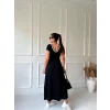 Kadın Yuvarlak Ribana Yaka Beyaz Yırtmaç Detaylı Viskon Tam Boy Elbise