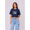 Kedi Baskılı Oversize Crop Tişört Salaş Basic Yarım Kol T-shirt - Lacivert