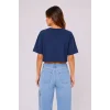 Kedi Baskılı Oversize Crop Tişört Salaş Basic Yarım Kol T-shirt - Lacivert