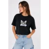 Kedi Baskılı Oversize Crop Tişört Salaş Basic Yarım Kol T-shirt - Siyah