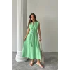 KETEN ELBİSE KOLSUZ BEL BAĞLAMALI MAXİ ELBİSE - Yeşil