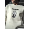 Kışlık Bisiklet Yaka Baskılı SweatShirt - Beyaz