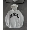 Kışlık Kapşonlu Baskılı Oversize SweatShirt- Beyaz
