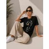 Kuğu Figürlü Soru İşareti Baskılı Tişört Kısa Kol T-Shirt - Siyah
