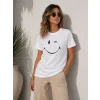 Minimal Gülümseyen Yüz Baskılı Tişört Kısa Kol Yazlık T-Shirt - Beyaz