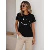 Minimal Gülümseyen Yüz Baskılı Tişört Kısa Kol Yazlık T-Shirt - Siyah