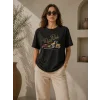 Motosiklet Baskılı Tişört Bisiklet Yaka Kısa Kol Yazlık T-Shirt - Siyah