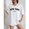 New York Baskılı Oversize Bisiklet Yaka T-shirt - Beyaz