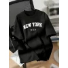 New York Baskılı Oversize Bisiklet Yaka T-shirt - Siyah