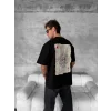 Ön Ve Arka Baskılı Oversize Bisiklet Yaka T-shirt - Siyah