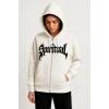 Oversize Kapüşonlu Sweatshirt Hoodie 3 İplik Şardonlu Pamuklu Kumaş, Önü Baskılı, Fermuarlı Rahat Kalıp, Kışlık Ve Sokak Stili Sweat - Beyaz