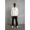 Oversize Üç İplik Şardonlu Kapüşonlu Sweatshirt – Beyaz “Other Lives” Ön Ve Arka Baskılı, Kanguru Cepli, Ribanalı Rahat Kışlık Model Beyaz