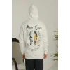 Oversize Üç İplik Şardonlu Kapüşonlu Sweatshirt – Beyaz “Other Lives” Ön Ve Arka Baskılı, Kanguru Cepli, Ribanalı Rahat Kışlık Model Beyaz