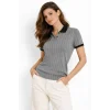 Polo Yaka Çizgili Tişört Kısa Kol Düğmeli Yazlık T-Shirt - Gri