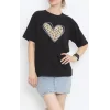 Sevgililer Günü İçin Özel Tasarım Leopar Kalp Baskılı T-shirt - Siyah