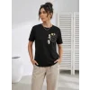 Sevimli Kedi Cep Baskılı Tişört Kısa Kol Yazlık T-Shirt - Siyah
