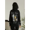 Sırt Baskılı Oversize Üç İplik Kapüşonlu Sweatshirt - Siyah