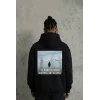 Siyah Oversize Hoodie - Sırt Baskılı Survivor Penguin Temalı, Felsefi Yazılı Kapüşonlu Sweatshirt - Siyah