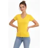 T-Shirt V Yaka Slim Fit Likralı Tişört Günlük Basic Body - Sarı