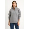 Üç İplik Dık Yaka Yarım Fermuarlı SweatShirt - Gri