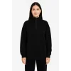 Üç İplik Dık Yaka Yarım Fermuarlı SweatShirt - Siyah