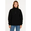 Üç İplik Dık Yaka Yarım Fermuarlı SweatShirt - Siyah