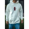 Üç İplik Kapşonlu Baskılı Oversize SweatShirt- Beyaz