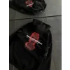 Üç İplik Kapşonlu Baskılı Oversize SweatShirt- Siyah