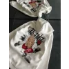 Üç İplik Penye Uzun Kol Kapşonlu Baskılı SweatShirt - Beyaz