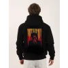 Unisex Baskılı Oversize Üç İplik Kapüşonlu Sweatshirt - Siyah