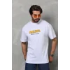 Unisex Bisiklet Yaka Baskılı Oversize T-Shirt - Beyaz