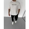 Unisex Bisiklet Yaka Baskılı Oversize T-Shirt - Beyaz