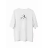Unisex Bisiklet Yaka Baskılı Oversize T-Shirt - Beyaz