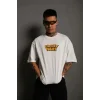 Unisex Bisiklet Yaka Baskılı Oversize T-Shirt - Beyaz
