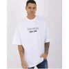 Unisex Bisiklet Yaka Baskılı Oversize T-Shirt - Beyaz