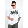 Unisex Bisiklet Yaka Baskılı Oversize T-Shirt - Beyaz