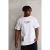 Unisex Bisiklet Yaka Baskılı Oversize T-Shirt - Beyaz