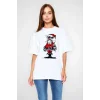 Unisex Bisiklet Yaka Baskılı Oversize T-Shirt - Beyaz