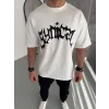 Unisex Bisiklet Yaka Baskılı Oversize T-Shirt - Beyaz