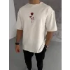 Unisex Bisiklet Yaka Baskılı Oversize T-Shirt - Beyaz