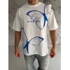 Unisex Bisiklet Yaka Baskılı Oversize T-Shirt - Beyaz